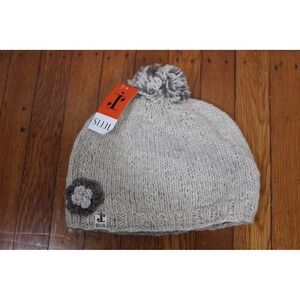 SIJJL Beige Wool Knit Pom Pom Flower Accent Fleece Lined Beanie Hat Womens Nepal